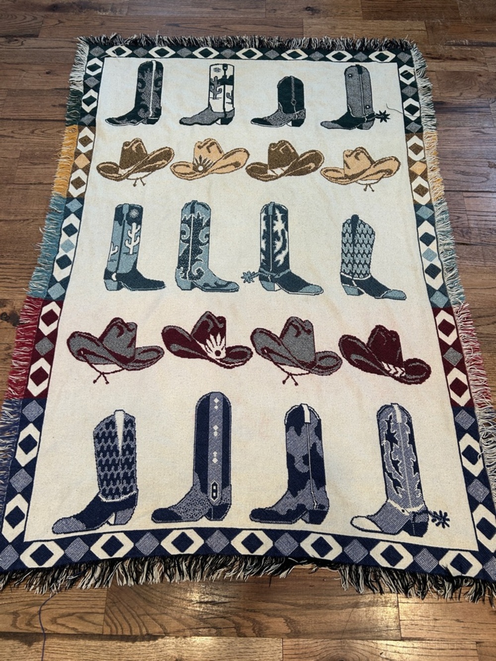 Artisan Cowboy Boots & Hats Throw Blanket in Cream, Blue, Gold, Burgundy